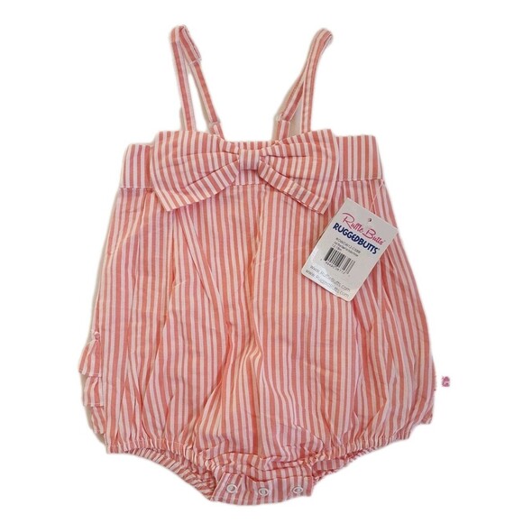 NWT Ruffle Butts Baby Girl Coral Stripe Bow Front Bubble Romper 12-18 Months - Picture 1 of 5